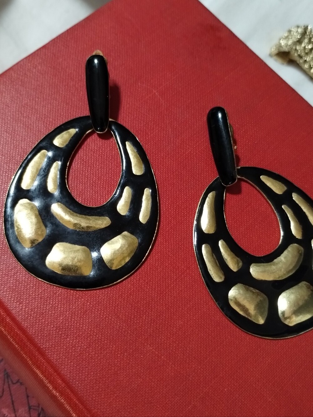Herve van Der Straeten Door Knocker Black Enamel And Gold Clip On Earrings